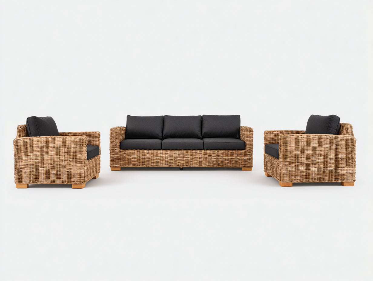 Sofás de exterior de ratán 200x80x78 cm - marrón-negro - sofá y 2 sillones - estilo moderno para jardín