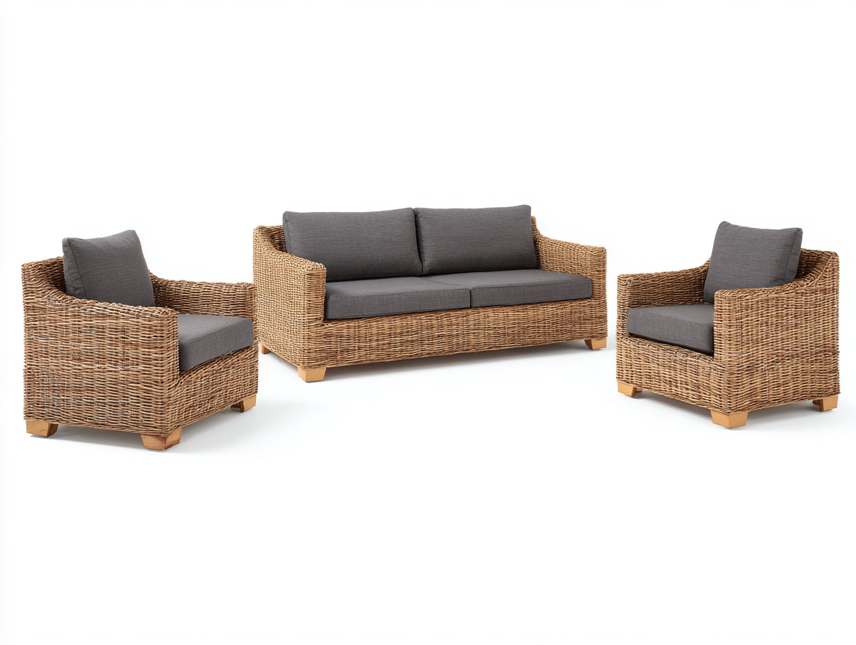 Sofás de exterior de ratán 180x78x82 cm - marrón claro-gris - estilo natural con 2 sillones