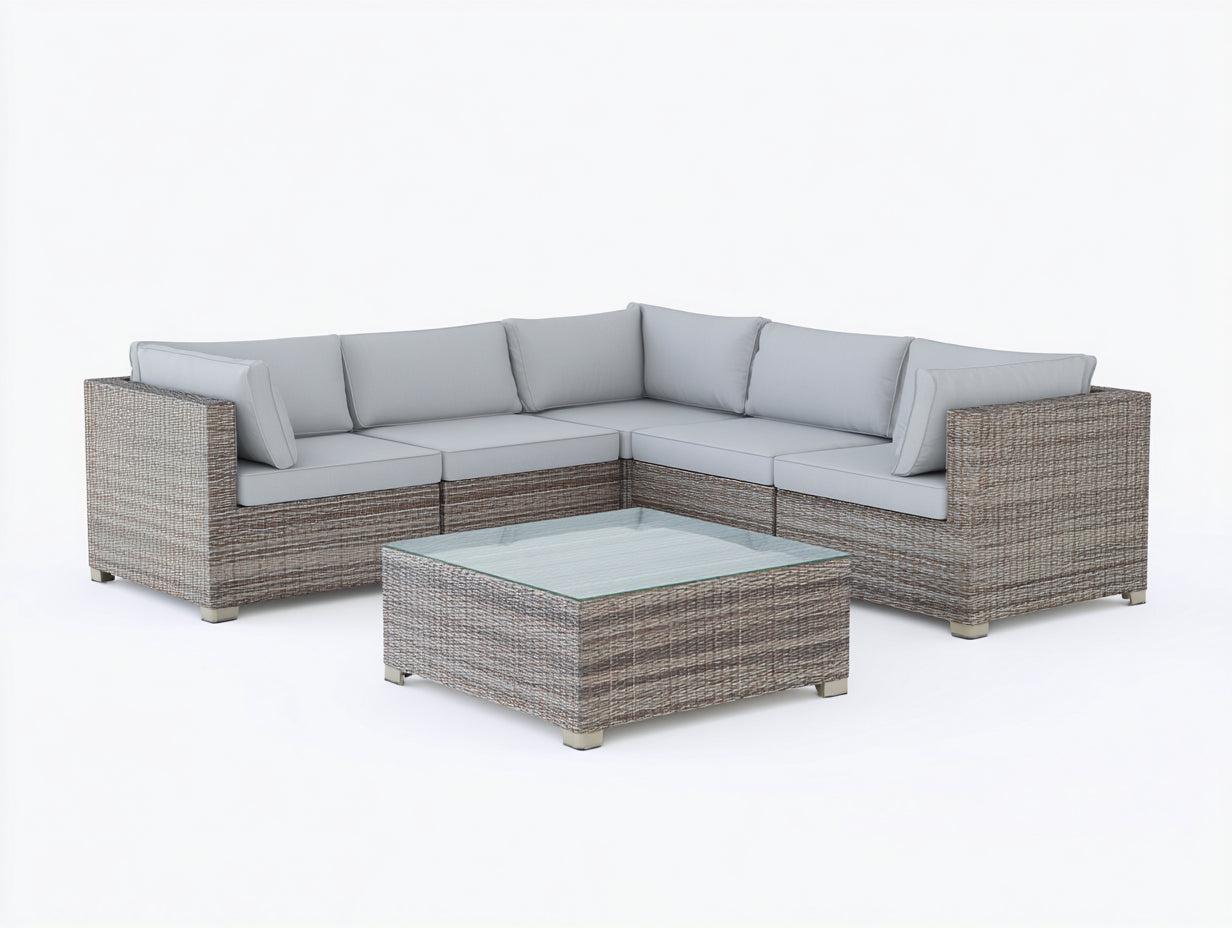 Sofá de exterior esquinero de ratán con mesa 250x250x78 cm - gris-marrón-transparente - diseño lounge