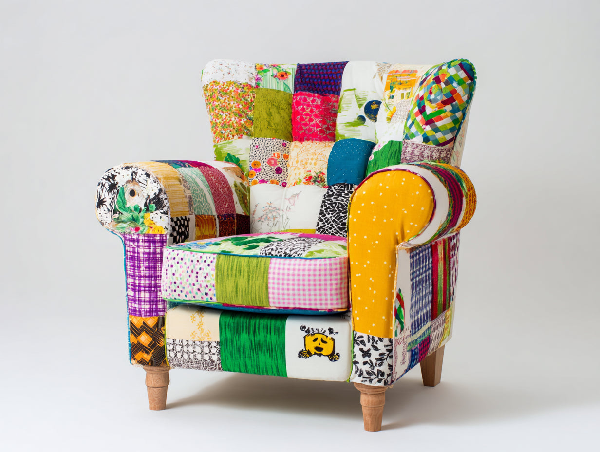 Sillón tapizado patchwork con patas de madera 92x88x105 cm - multicolor - estilo vintage