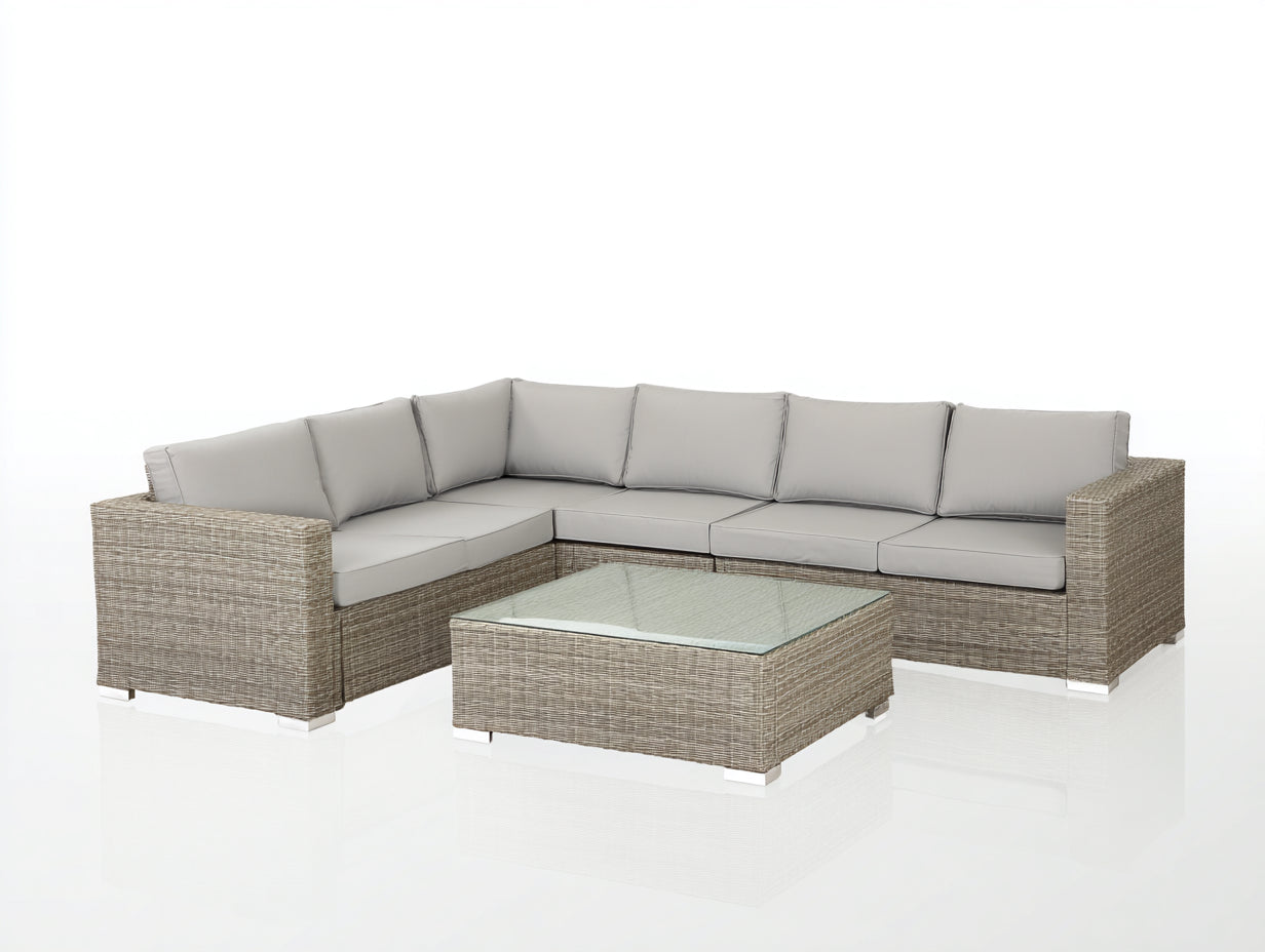 Sofás de exterior de ratán 250x250x78 cm - beige-gris - mesa de centro con vidrio - estilo moderno para jardín