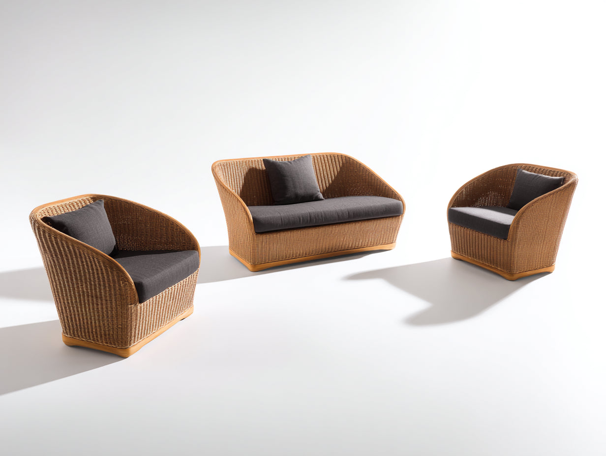 Sofá de exterior de ratán con 2 sillones 185x78x78 cm - marrón-gris - diseño lounge