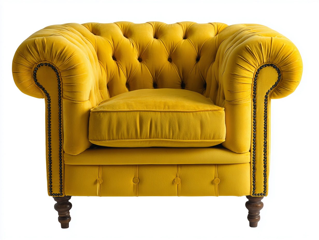 Sillón tapizado capitoné con brazos enrollados 110x92x78 cm - amarillo mostaza - estilo chesterfield